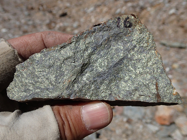 Photo of sample KM-16. This photograph is of a selected sample and may not be representative of mineralization hosted on the property.