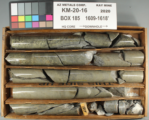 Drill core from hole KM-20-16 displaying chalcopyrite and sphalerite mineralization included in the interval of 12.5 m grading 6.0% CuEq, part of a wider interval of 38.4 m of 2.9% CuEq.